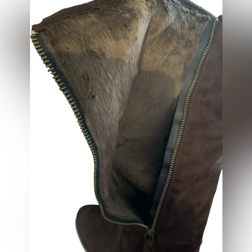 Faux Suede Boots Zip up fur lined  knee high - brown size 5 1/2 - Picture 4 of 6